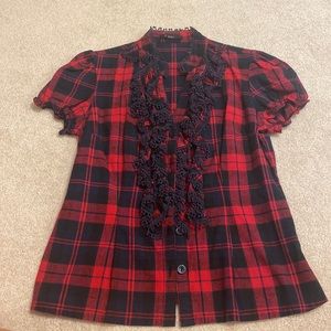 Red/navy forever 21 blouse with ruffles